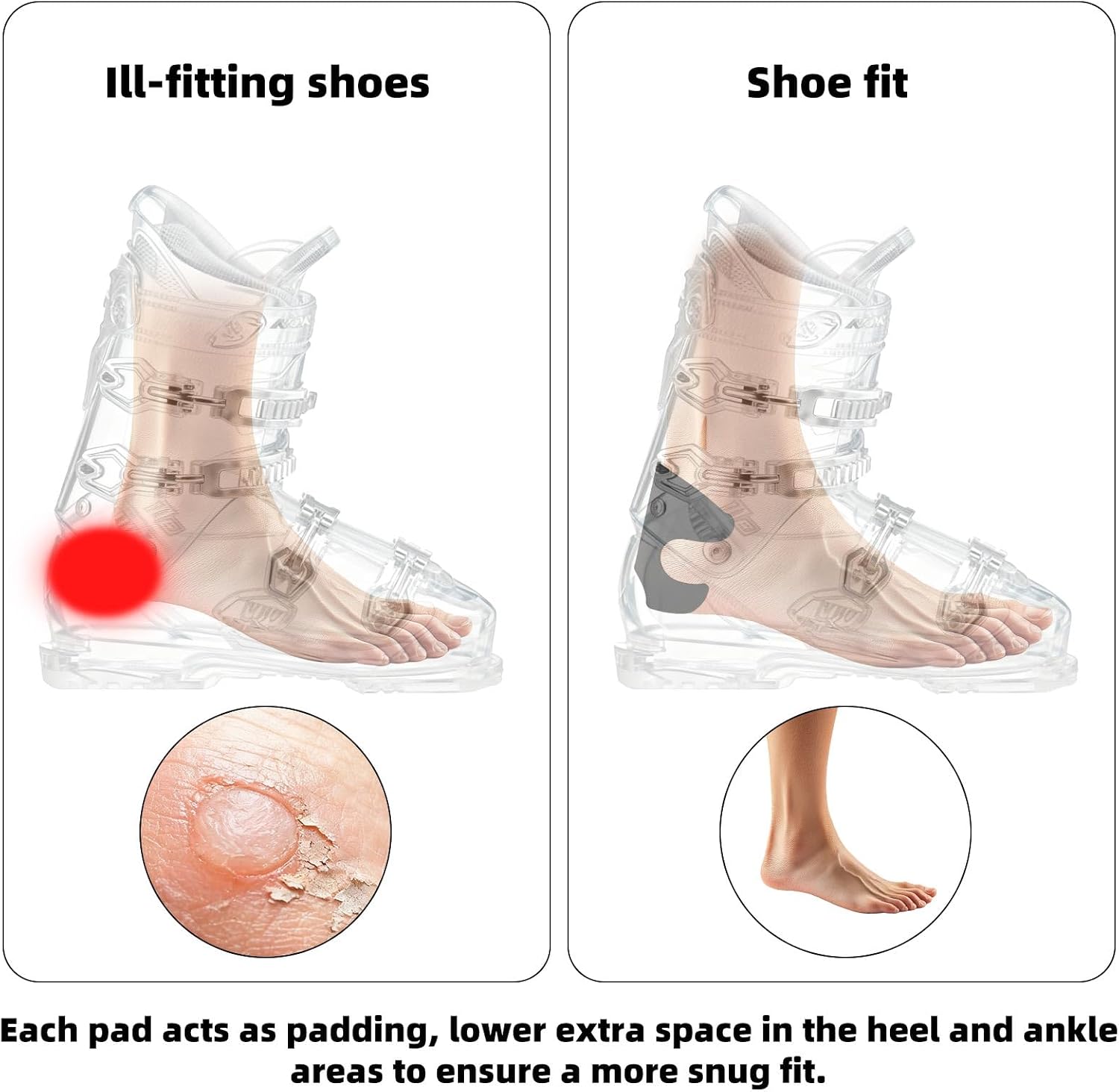 8pcs Ski Snowboard Boots Pads, Black Ski Boot Fitting Foam Heel Wrap Skiing Guards Inserts Insulators Protector for Reducing Ankle Hurt Accessories