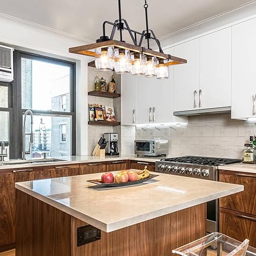 Miniatura 4 de Wellmet Lámpara de araña de isla de cocina, tarro de masón, lámpara colgante de 5 luces de pintura de madera para sala de estar, mesa de comedor,