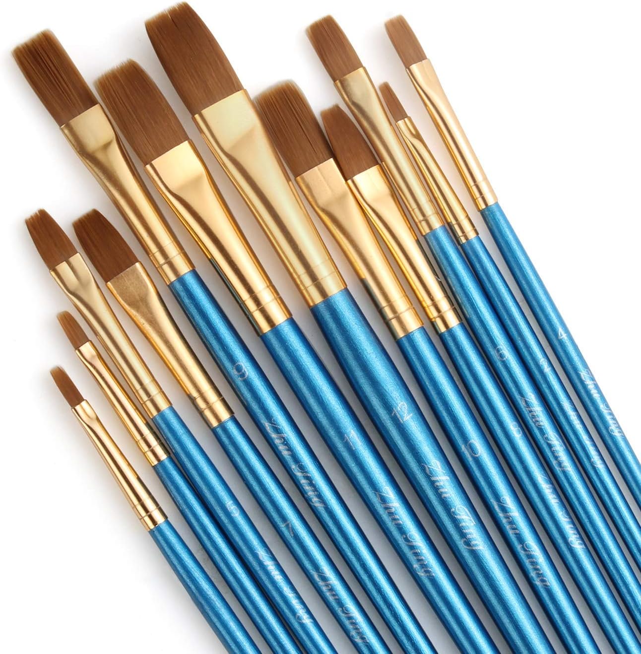 Acrux7 Flat Paint Brushes Set, 12 Pcs Paintbrushes Flat / Shader Tip Nylon Hair Artist Acrylic Paint Brushes for Acrylic Oil Watercolor, Face Nail Art, Miniature Detailing and Rock Painting, Blue