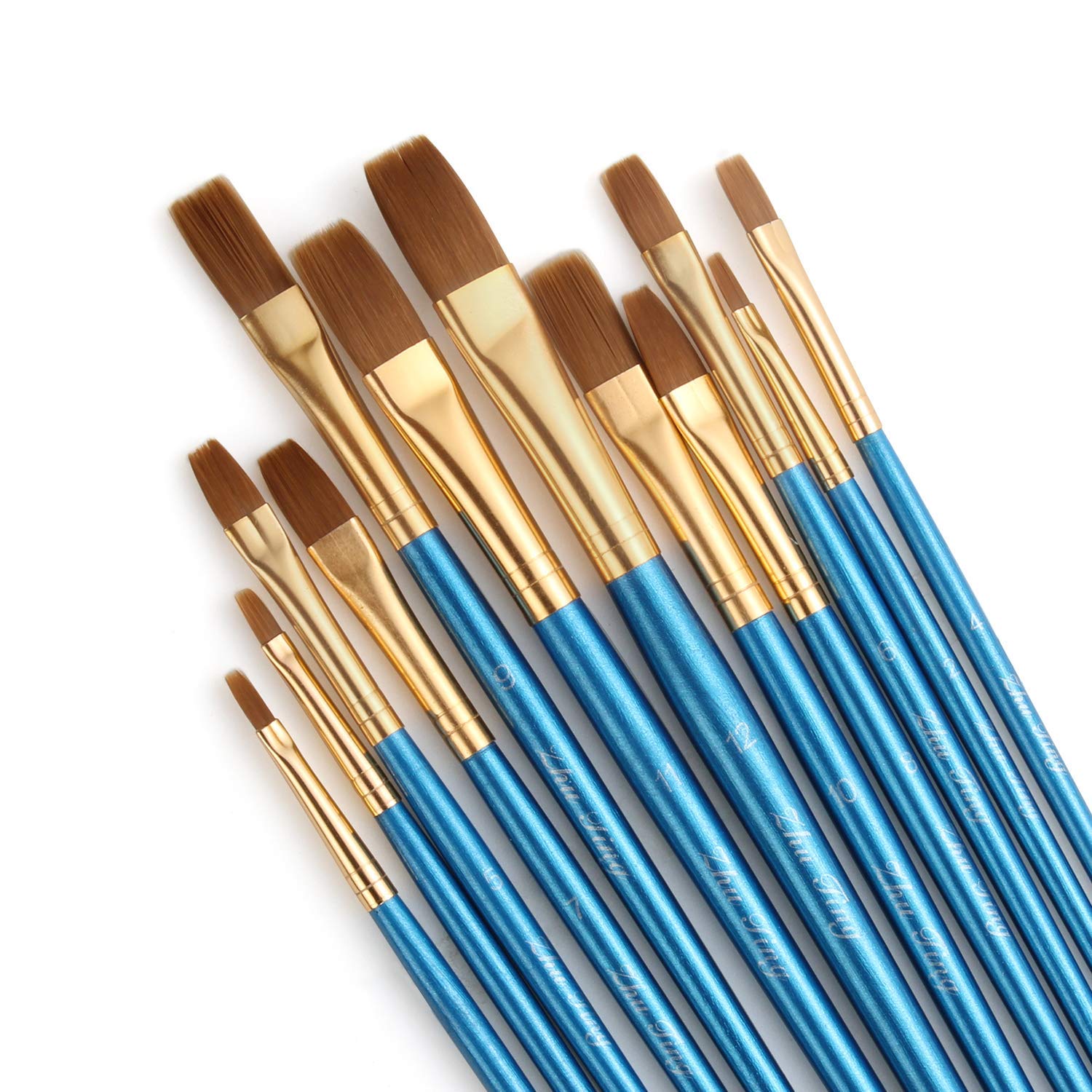 Flat Paint Brushes Set, 12 Pcs Paintbrushes Flat/Shader Tip Nylon Hair Artist Acrylic Paint Brushes for Acrylic Oil Watercolor, Face Nail Art, Miniature Detailing and Rock Painting, Blue
