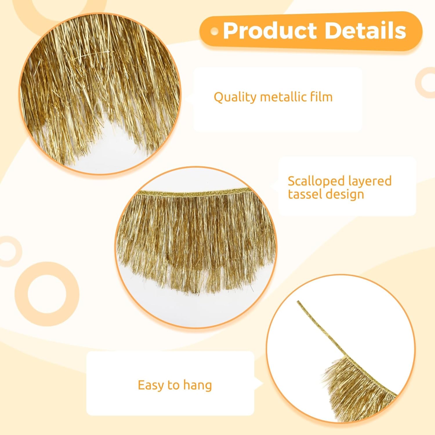 2 Pcs Gold Fringe Banner, 6.6 ft Scalloped Layered Tassel Banner, Metallic Tinsel Garland Streamer, Shiny Backdrop for Birthday, Bachelorette, Wedding, Anniversary Party Decorations
