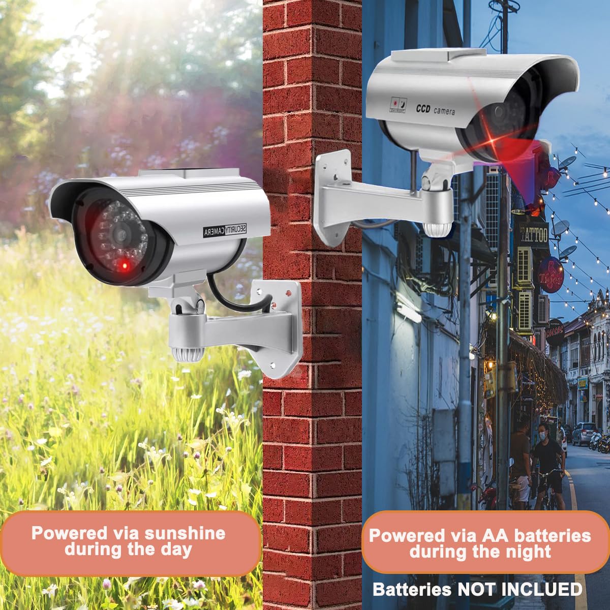 Kamera Attrappe mit Blinkendem LED, Solar Betriebene Simulierte Dummy Surveillance Sicherheit Kamera,Wasserdicht CCTV Dummy Überwachungskamera für den Innen-und Außenbereich (Silber-4)