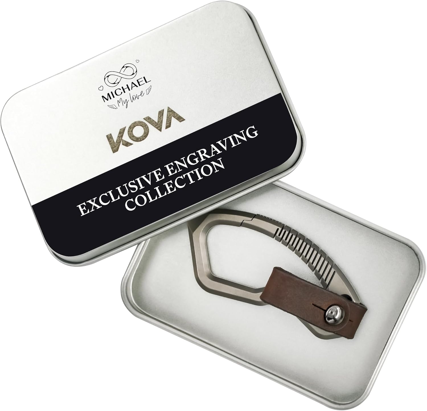 KOVA Titanium Carabiner Keychain with Custom Engraved Gift Box – EDC Key Ring Clip with Leather Strap, Luxury Gift for Men