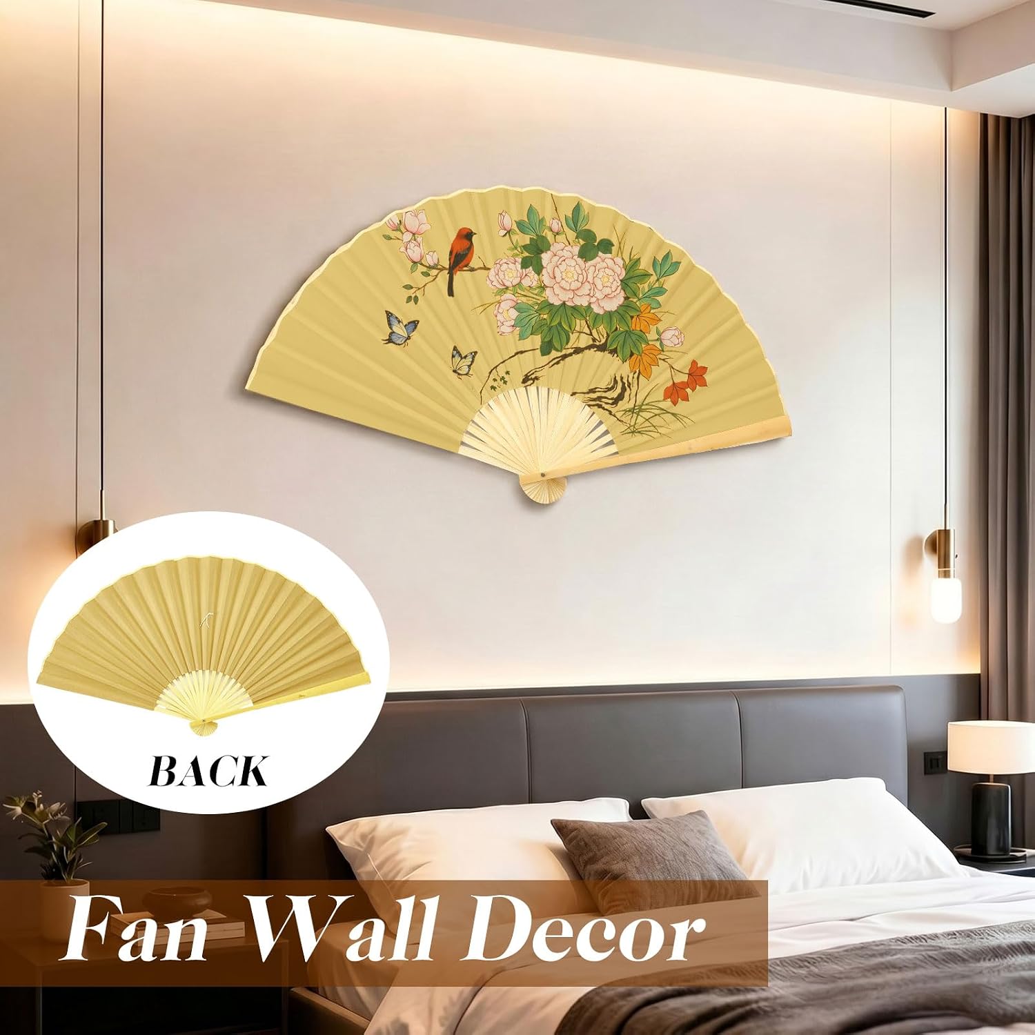 Quzzil Giant Fan Wall Decoration 43 Inch Large Chinese Traditional Fan Wall Art for Hanging Headboard Decorative Bamboo Decoration for Background Living Room Bedroom Headboard Art(Elegant)