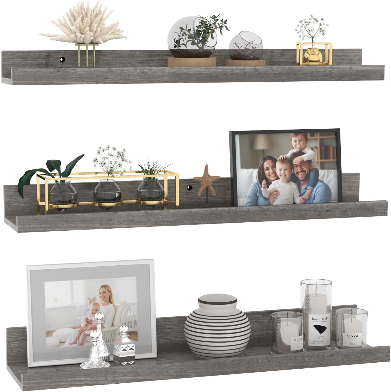 Giftgarden 24 Inch Grey Floating Shelves for Wall Mount, Gray Wood Wall Shelf Ledge for Bathroom Bedroom Living Room Kitchen Storage, Set of 3 Different Sizes Grey 24"