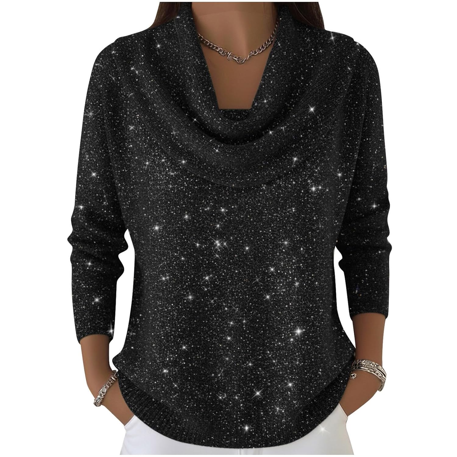 Sparkly Sweaters for Women Cowl Neck Sequin Dressy Cocktail Evening Long Sleeve Holiday Knitted Tops Tunic Pullover