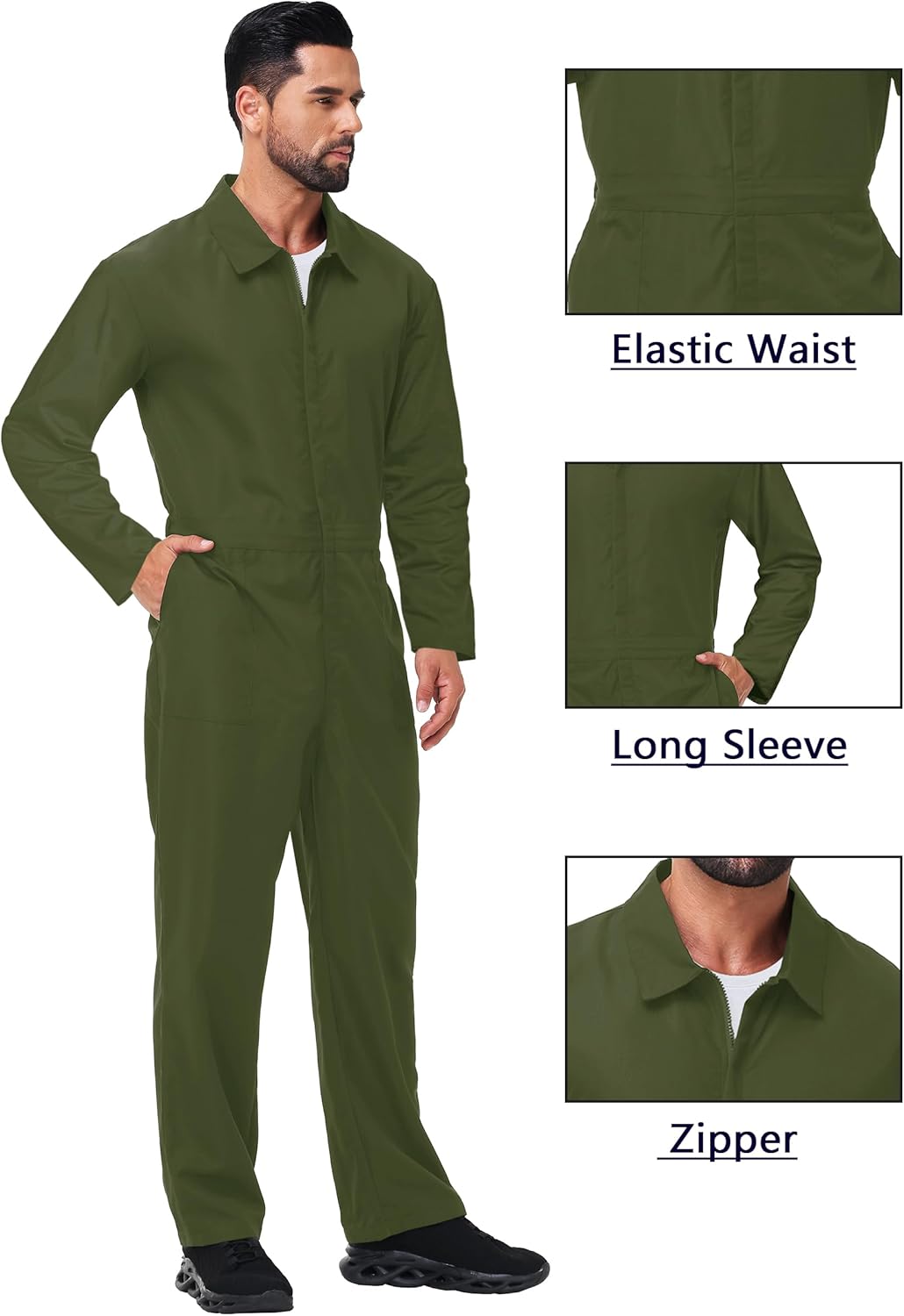 Men's Halloween Long Sleeve Zipper Jumpsuit Mechanic Work Costume Solid Color Coveralls