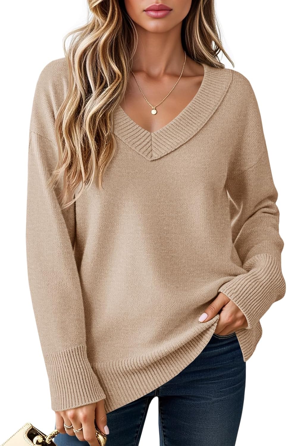 Saodimallsu Womens Fall Tunic Sweaters Long Sleeve Chunky Knit V Neck Casual Loose Fit Pullover Tops
