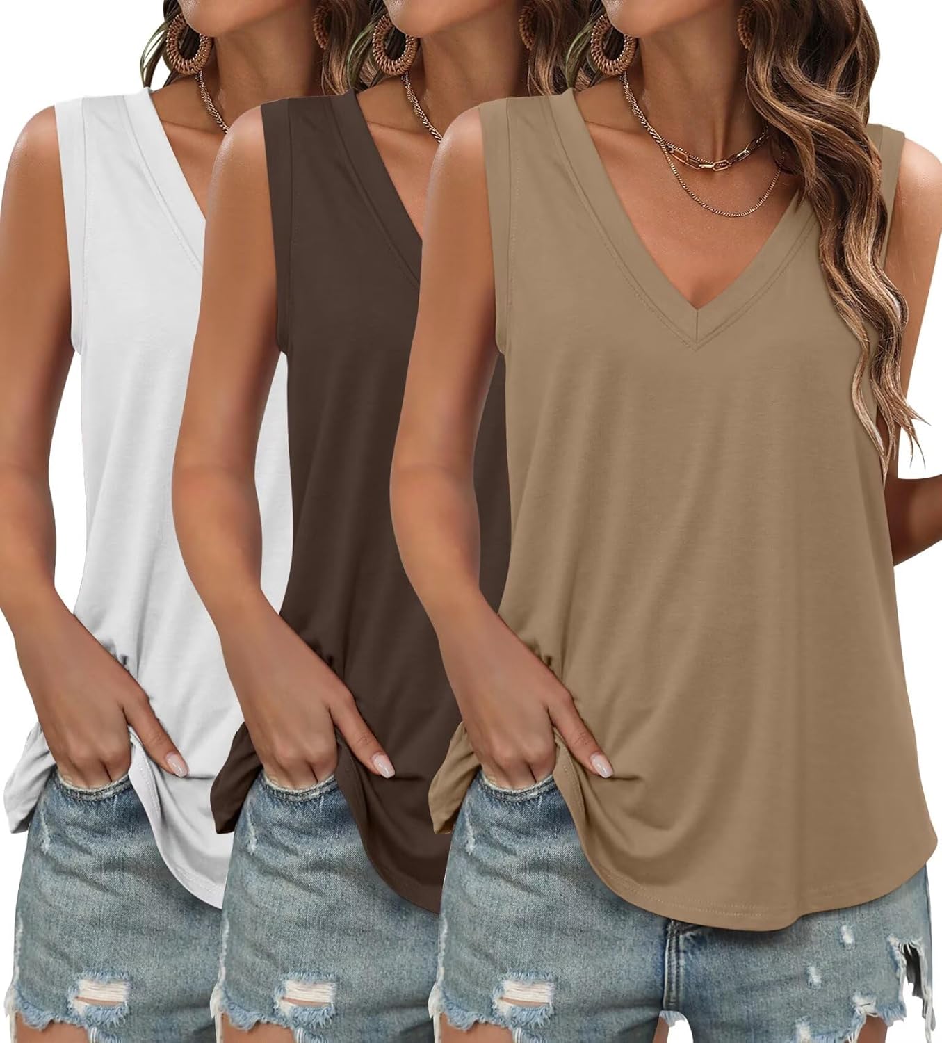 KKJ 3 Pack Womens Tank Tops 2026 Spring Summer Vacation Outfits V Neck Loose Sleeveless Blouse Casual Shirts Fashion Clothes - Image 2