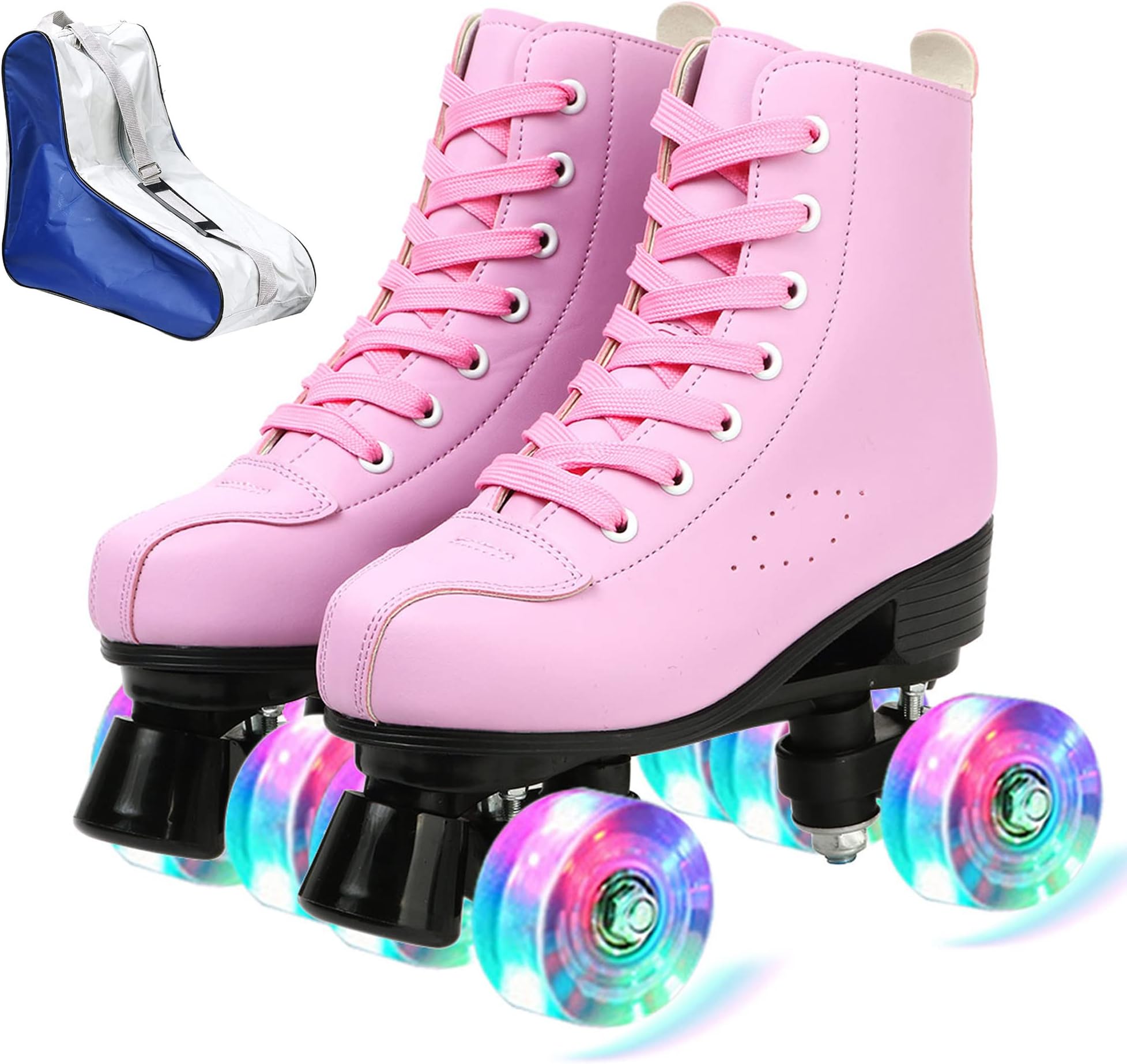 XUDREZ Roller Skates for Women Men Cozy PU Leather High-top Roller Skates for Beginner Double-Row PU Wheels, Professional Indoor Outdoor Roller Skates with Shoes Bag (Pink Flash,39)