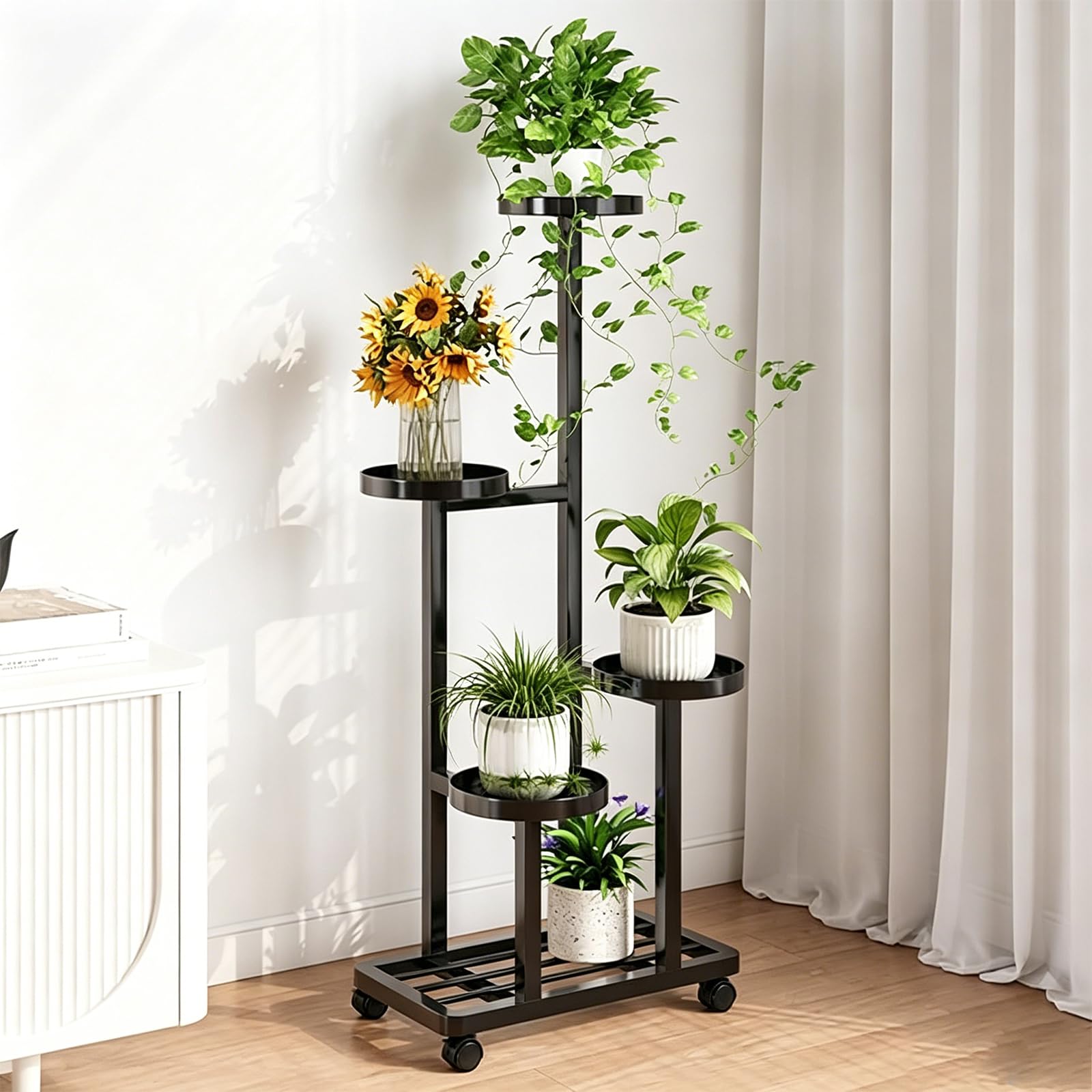 ATRBNCX Mobile 5 Tier Plant Stand With Wheels, Tall Metal Flower Display Rack For Multiple Plants, Corner Shelving Unit For Indoor Balcony & Patio Decoration(Color:Black)