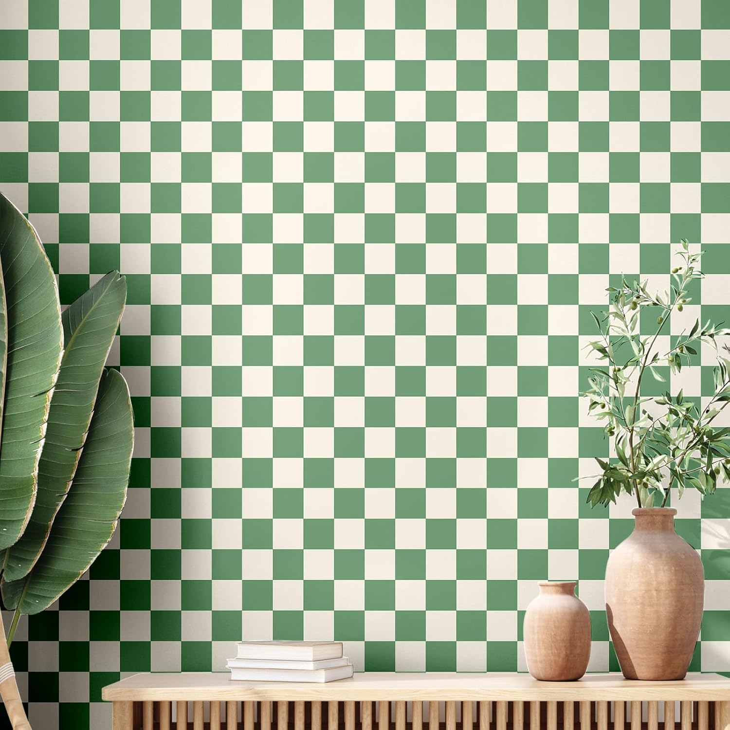 Green Checkered Peel and Stick Wallpaper Gingham Plaid Funky Checkered Contact Paper Waterproof Vintage Wallpaper Checkerboard Decor for Bathroom Cabinet(15.75'' x 118")