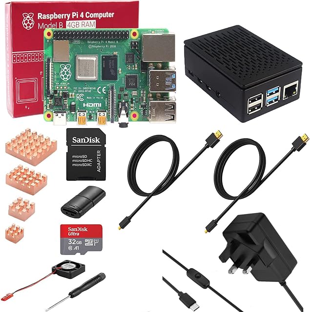 SANOOV Raspberry Pi 4 Model B 4GB Starter Kit Motherboard/32GB SD Card / 5V 3A Power Cable with Switch/2 x HDMI to HDMI Cable/Card Reader/Black Case/Cooling Fan/Heat Sink/Screwdriver