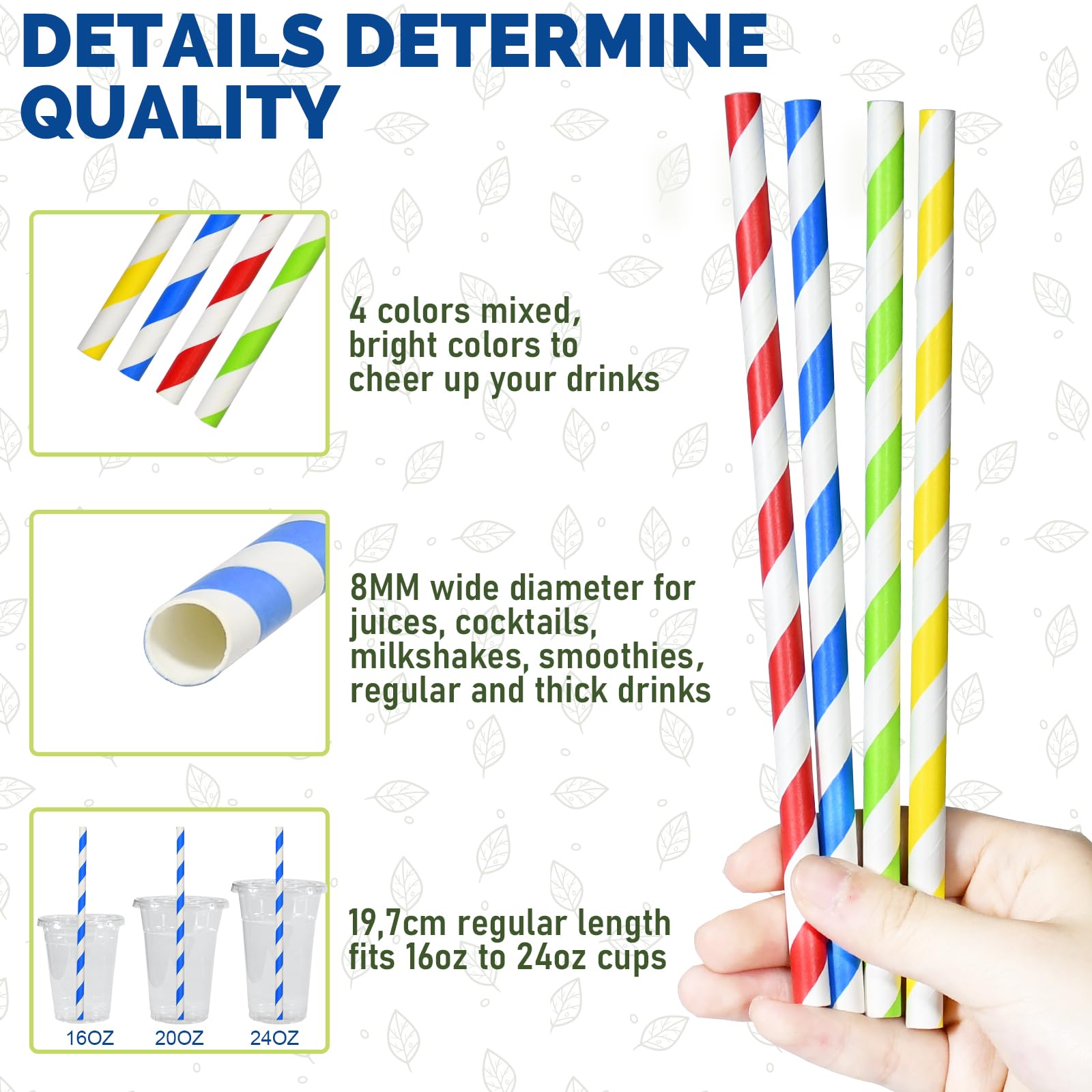 Cannucce di carta usa e getta da 8mm, 19,7 cm a strisce colorate - per frullati, gelato, smoothies, bevande dense - confezione da 200