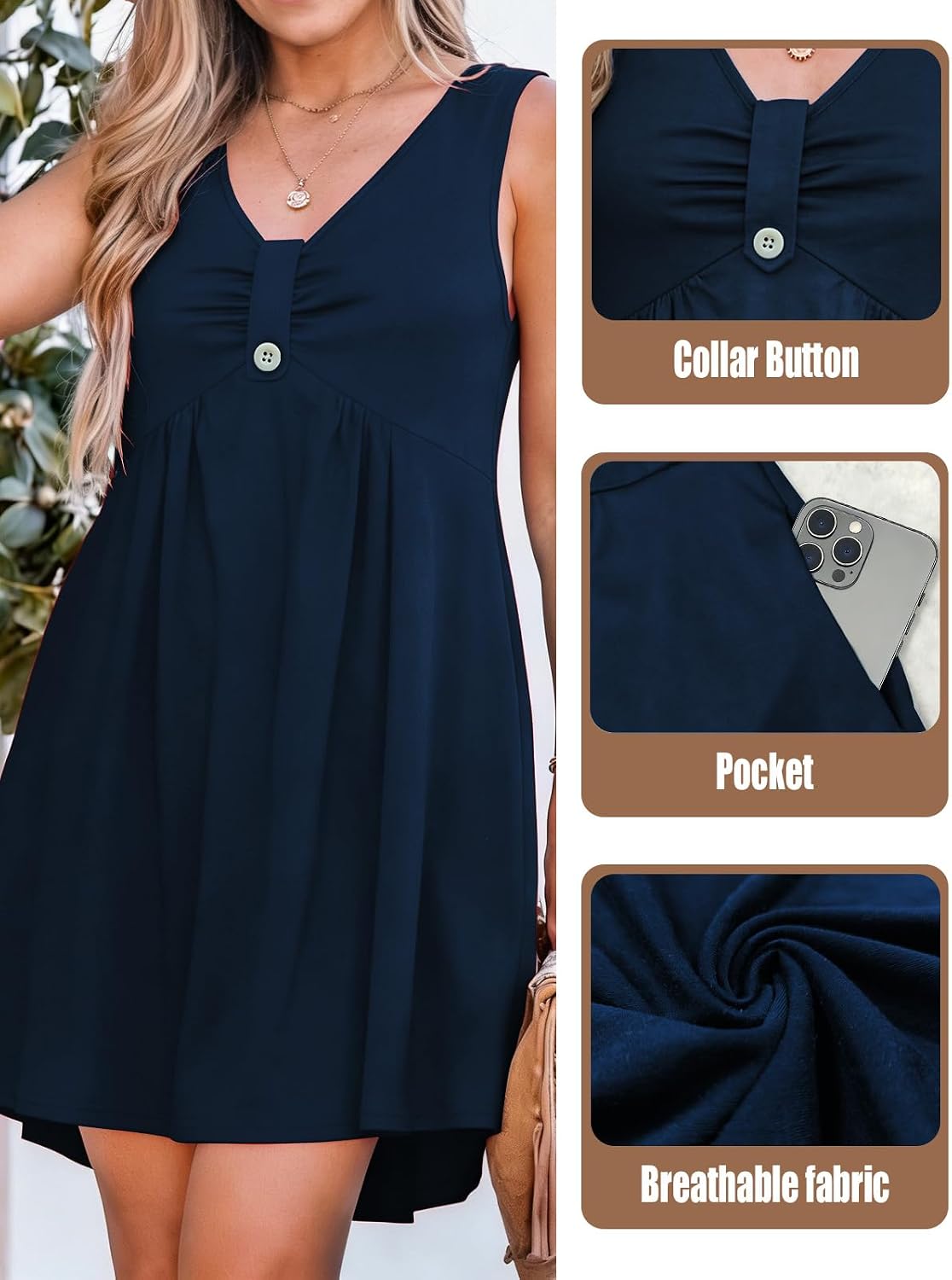 Women's Summer Dress with Buttons Sleeveless V-Neck Mini Dresses for Women Loose with Pockets image 5