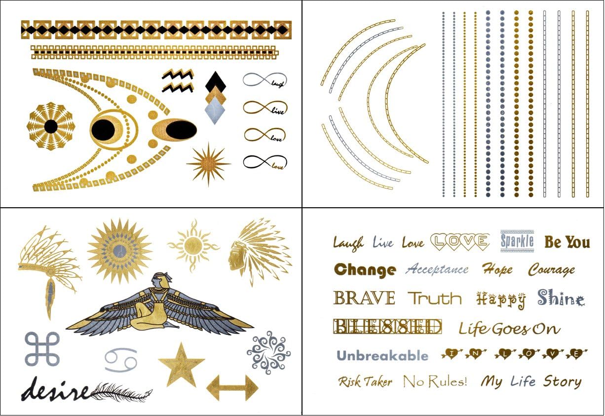Flash Tattoo Style Metallic Jewelry Tattoos - Gold and Silver Jewelry Tattoos - 4 Sheets