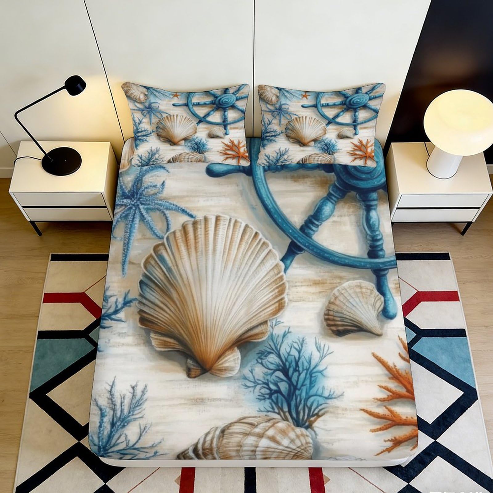 3D Printed Seashell Ocean Fitted Sheet Microfiber Soft Breathable Marine Nautical Bed Cover for Bedroom Guest Room Mattress Protection Decor 200x200x25cm
