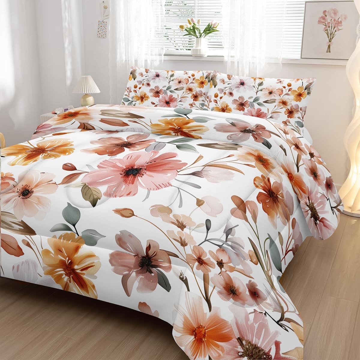 Nttopship Pink Yellow Floral Comforter Bedding Set with 2 Pillowcase Queen Size Flower Comforter Set for Kids Boys Girls Bedroom Decor