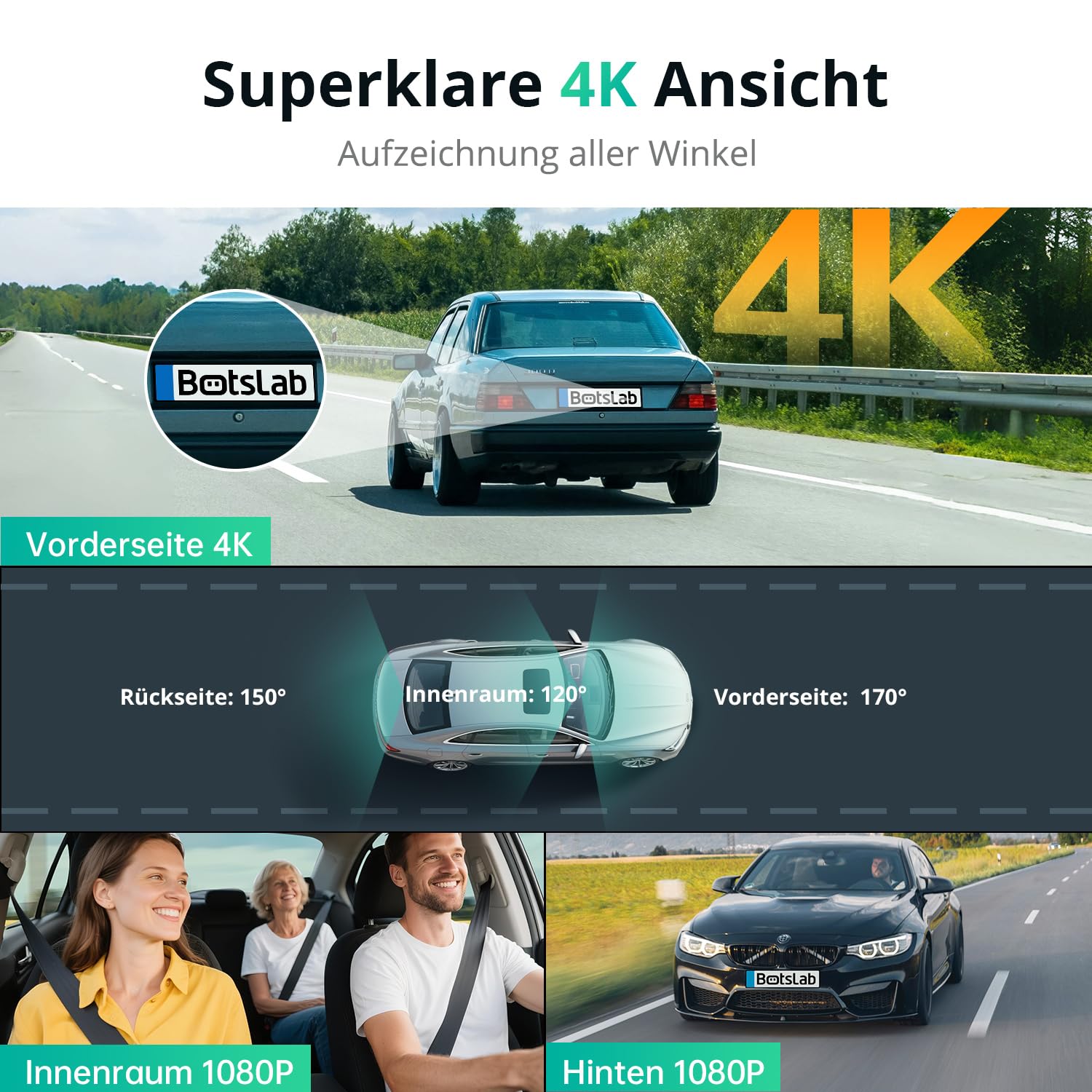 BOTSLAB 4K 3-Kanal Dashcam Auto Vorne Hinten, 3 Channel 4K+1080P+1080P, GPS 5.8GHz WiFi Dash Cam mit 128GB SD Karte, 3.18",Super Nachtsicht,WDR, Sprachbefehl,G-Sensor,Loop-Aufnahme,Parküberwachung