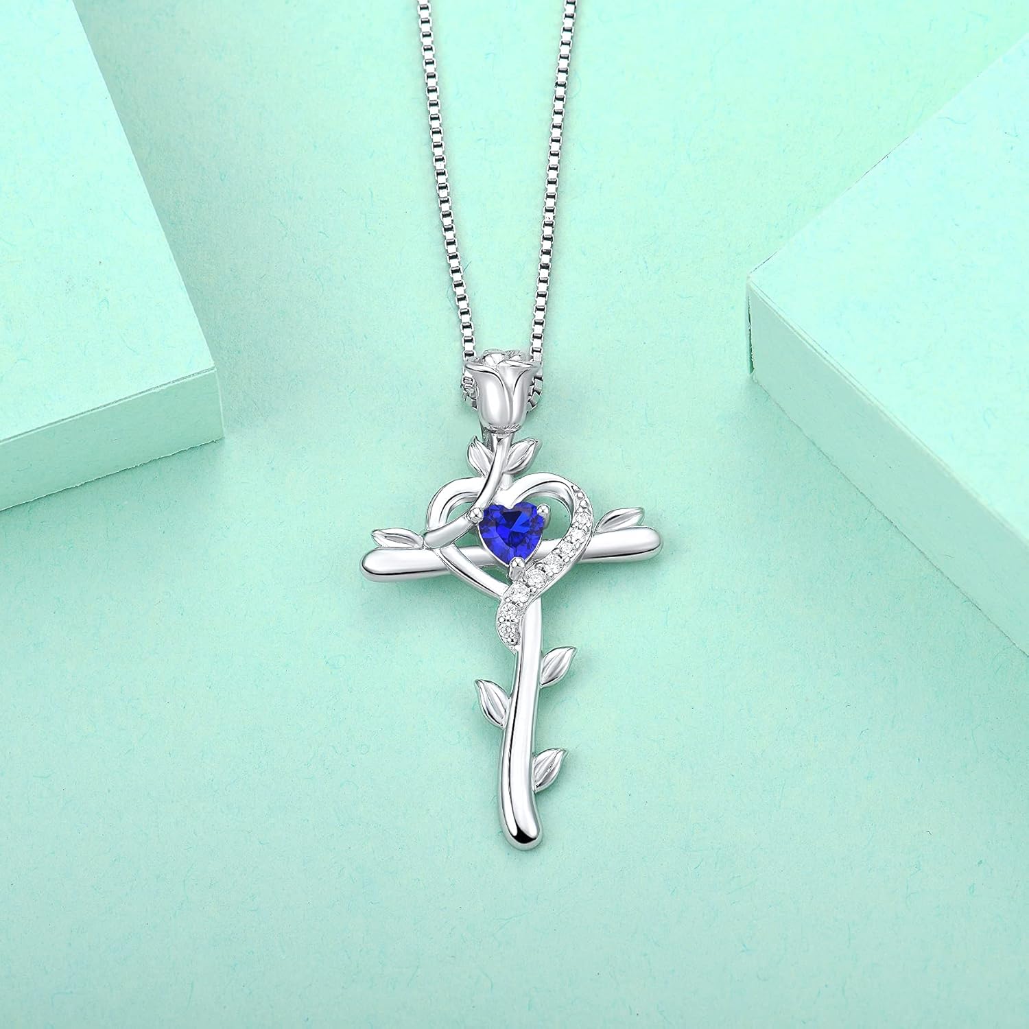 STARCHENIE Rose Cross Necklace 925 Sterling Silver Heart Crucifix Pendant Birthstones Jewelry for Women - Image 4