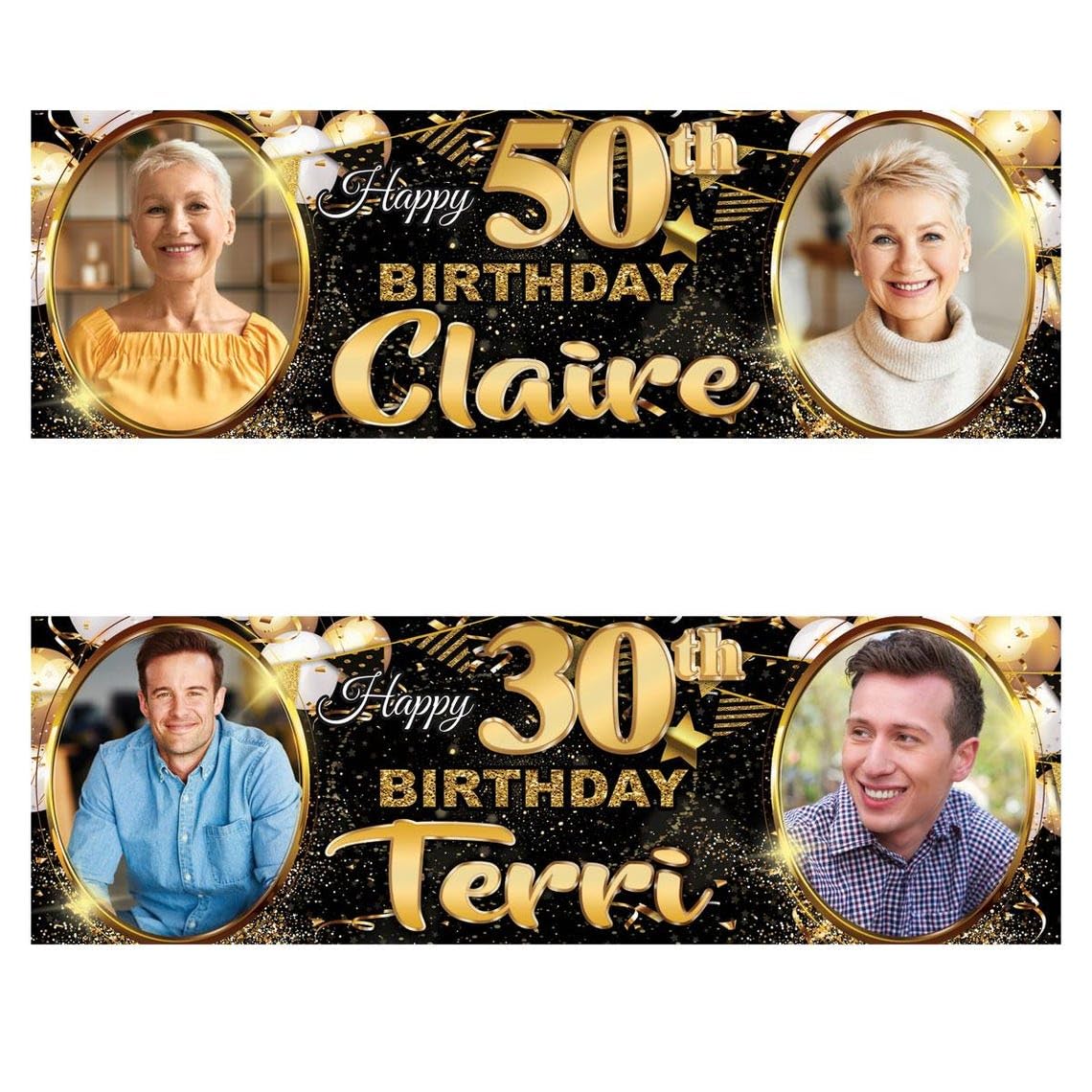2 personalised birthday banner Photo Gold party balloon bunting wedding poster decoration celebration retirement anniversary poster gift-18th 21st 30th 40th 50th 60th