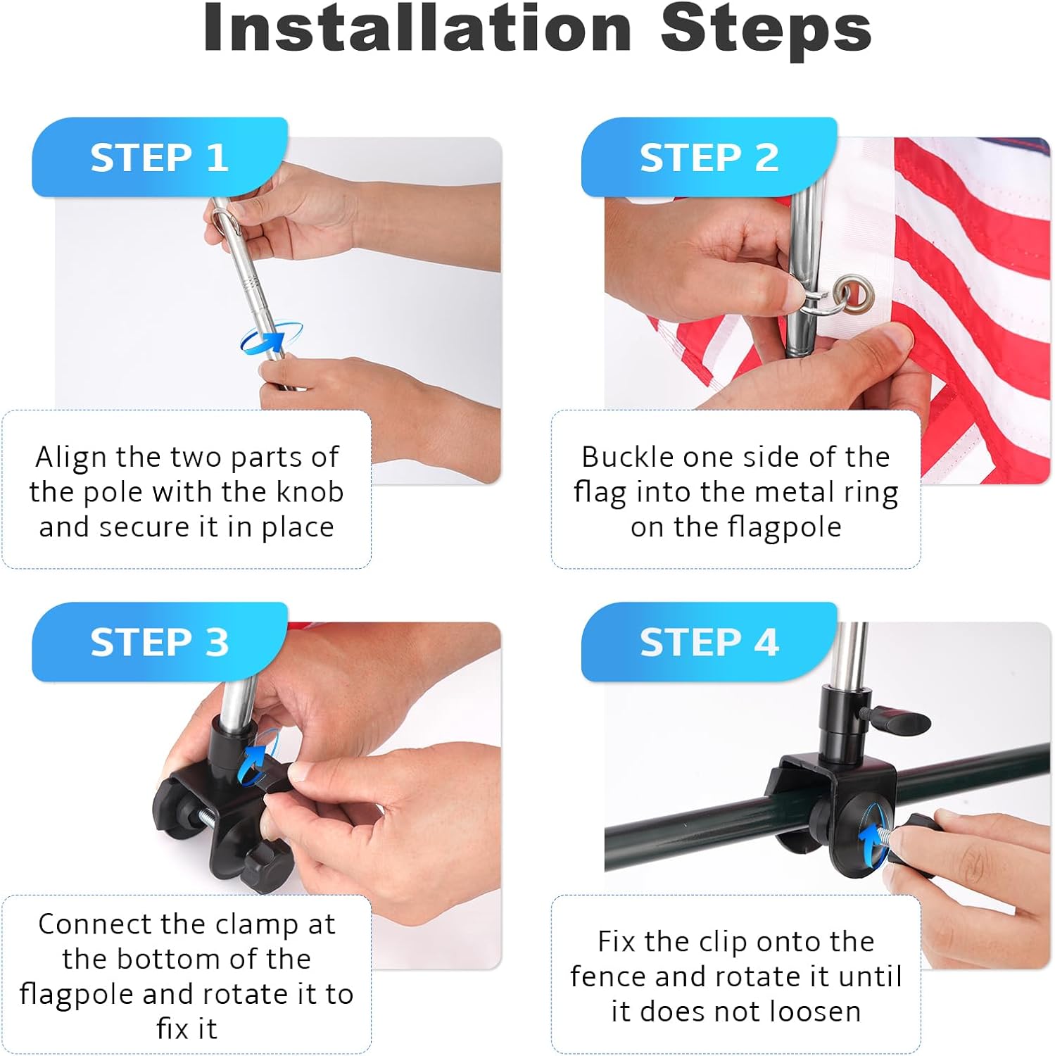 Boat Flag Kit with Flag Holder, 16x24 Inch US Flag with Adjustable Pole Stainless Steel Clamp, 50 Embroidered Stars American Flag Boat Accessories (16x24)