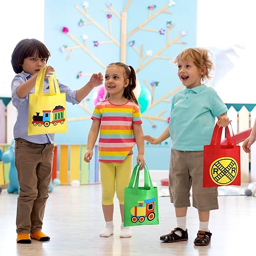 Miniatura 6 de Silkfly 24 bolsas de mano temáticas de tren para fiestas, lona con asas para niños, suministros para fiestas de cumpleaños