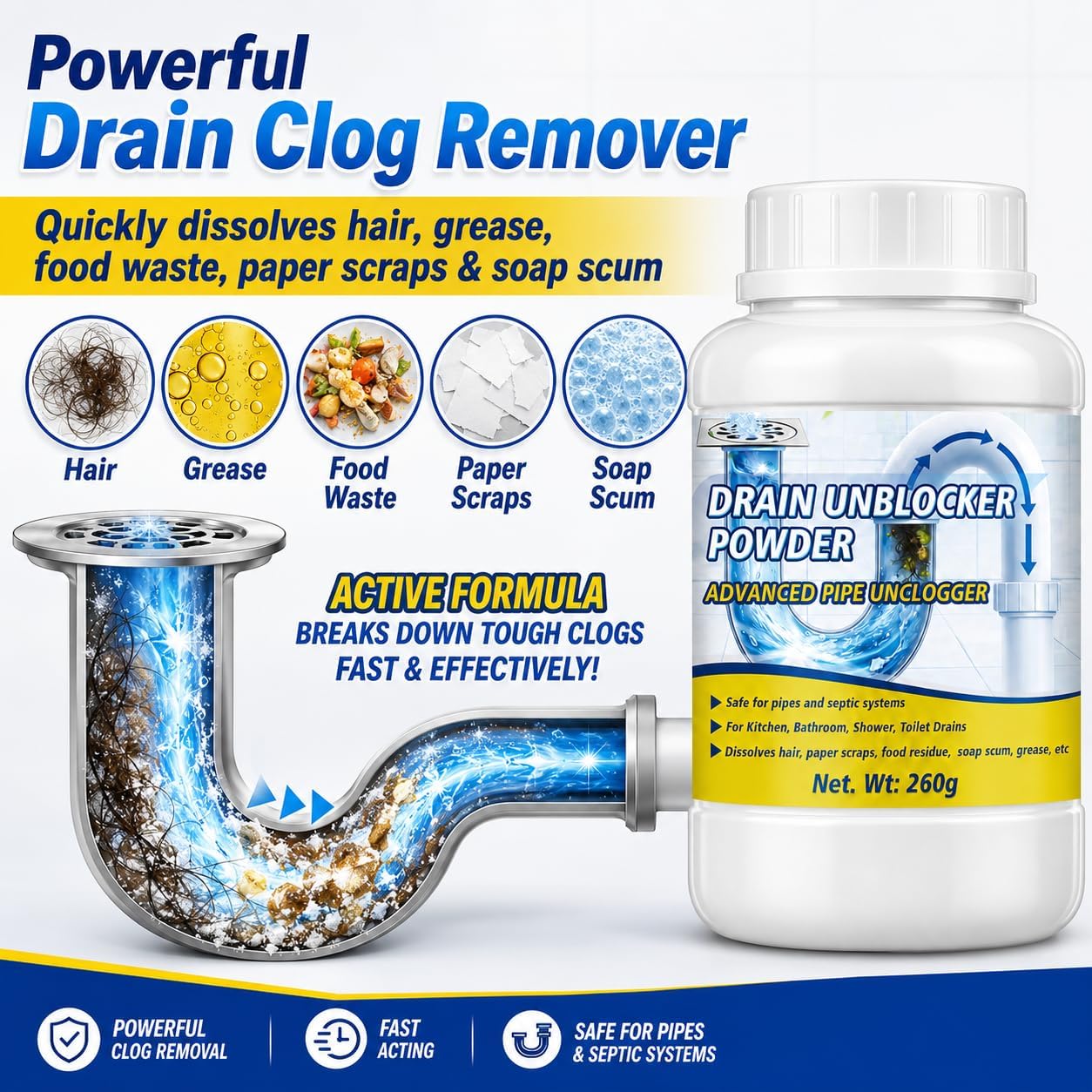 Powerful Drain Clog Remover Powder, 260g Upgraded Pipeline Dredging Agent & Drain Cleaner, Fast-Acting Sink Unclogger for Hair, Grease, Food Waste, Paper Scraps & Soap Scum, for Sink, Shower, Toilet