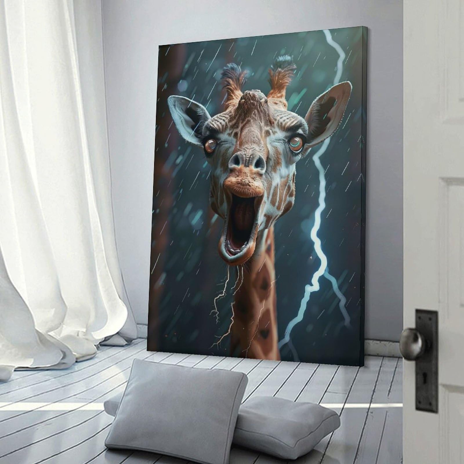 Junmoney Giraffe Lightning Canvas Art Print 24x36inch(60x90cm), for Feature Walls in Flats Or Modern Rooms, Decorative Artwork with Flexible Styling
