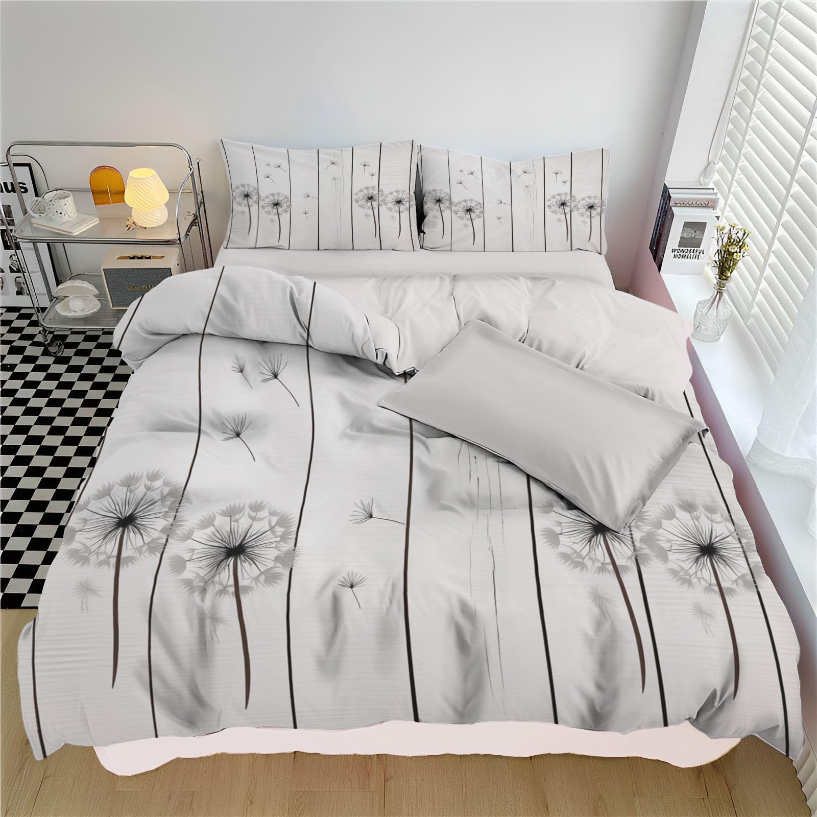 Housse de couette 220x240 pissenlit en microfibre avec 2 taies d'oreiller blanc cassé pour 2 personnes