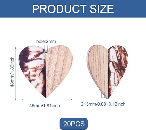 Miniatura 7 de FASHEWELRY 20 colgantes de madera de resina, dos tonos, corazón, resina, nuez, pendientes de madera para hacer joyas (marrón)
