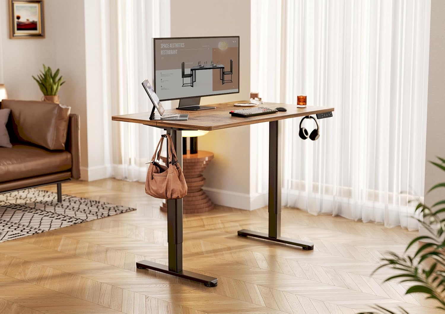 YDN Electric Standing Desk Adjustable Height, 48 x 24 Inches Stand up Desk with Cable Management, Home Office Desks with Splice Board & Black Frame, Rustic Brown Top