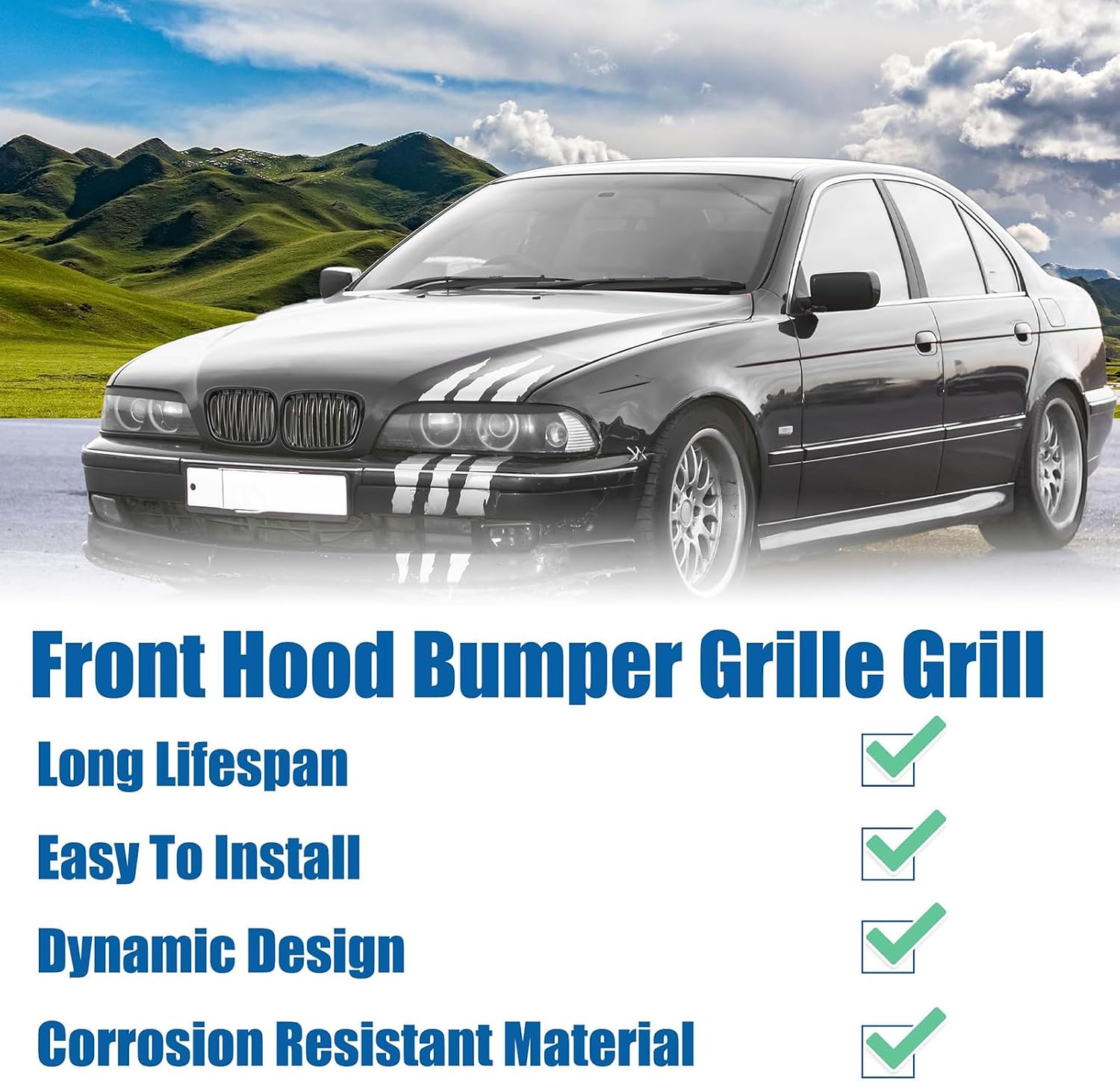 Front Hood Bumper Kidney Grille Grill Double Slat Gloss Black 1 Pair Front End Replacement for BMW 5 Series E39 2001-2003 525i 530i OE 51137005837 51137005838 Updated Style