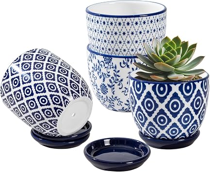 Ceramic Succulent Planter Pots - 3.5 Inch Small Flower Pot with Saucers and Drainage Holes for Cactus, Herbs, Indoor Plant, Outdoor Plants, Home Decor, Set of 4, Vintage Blue