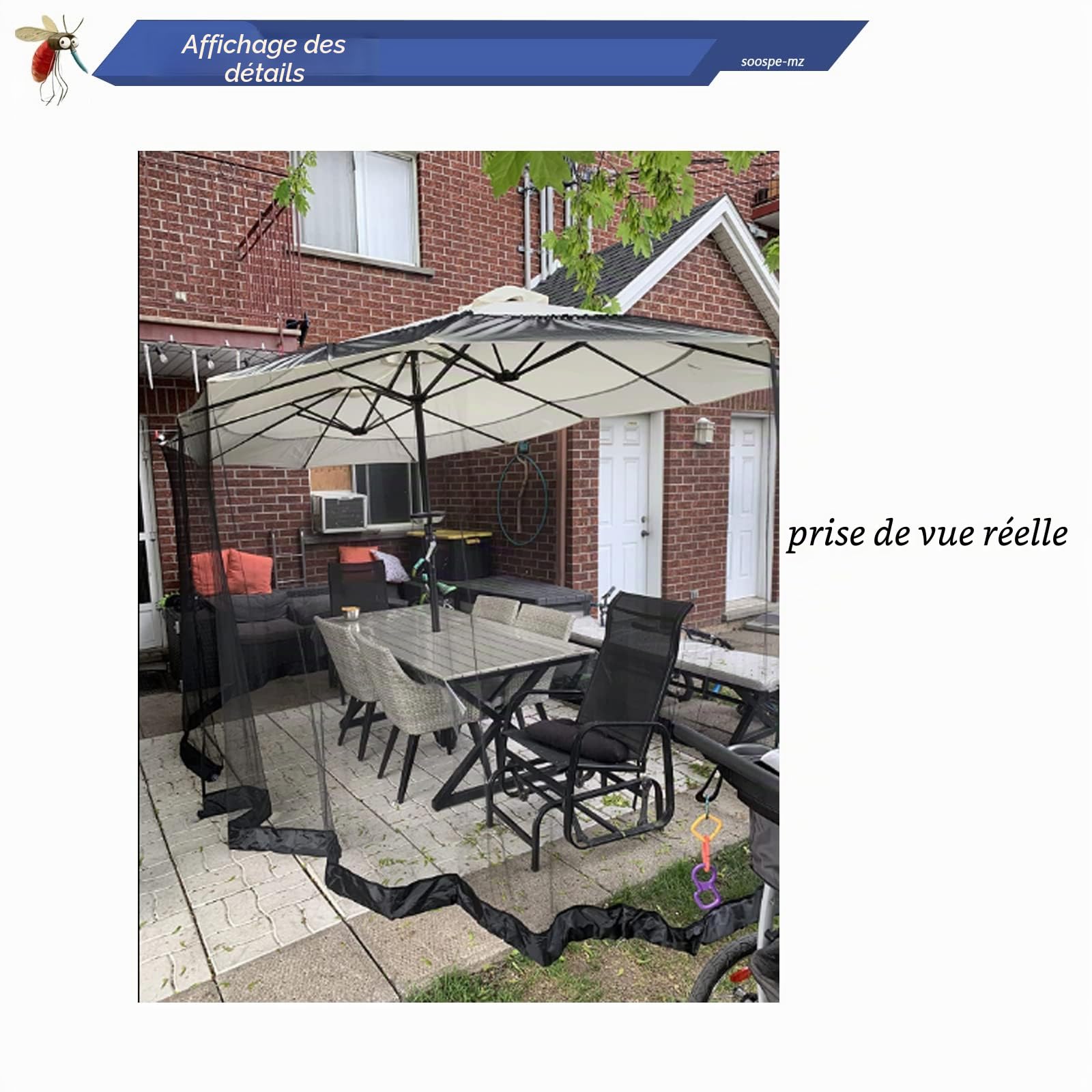 Moustiquaire Double Face de 4,5 m pour Parasol de terrasse et tonnelle de 3 x 3 m (Noir) (ne Contient Pas d'ombrela de tonnelle) (4,6 m, Noir)
