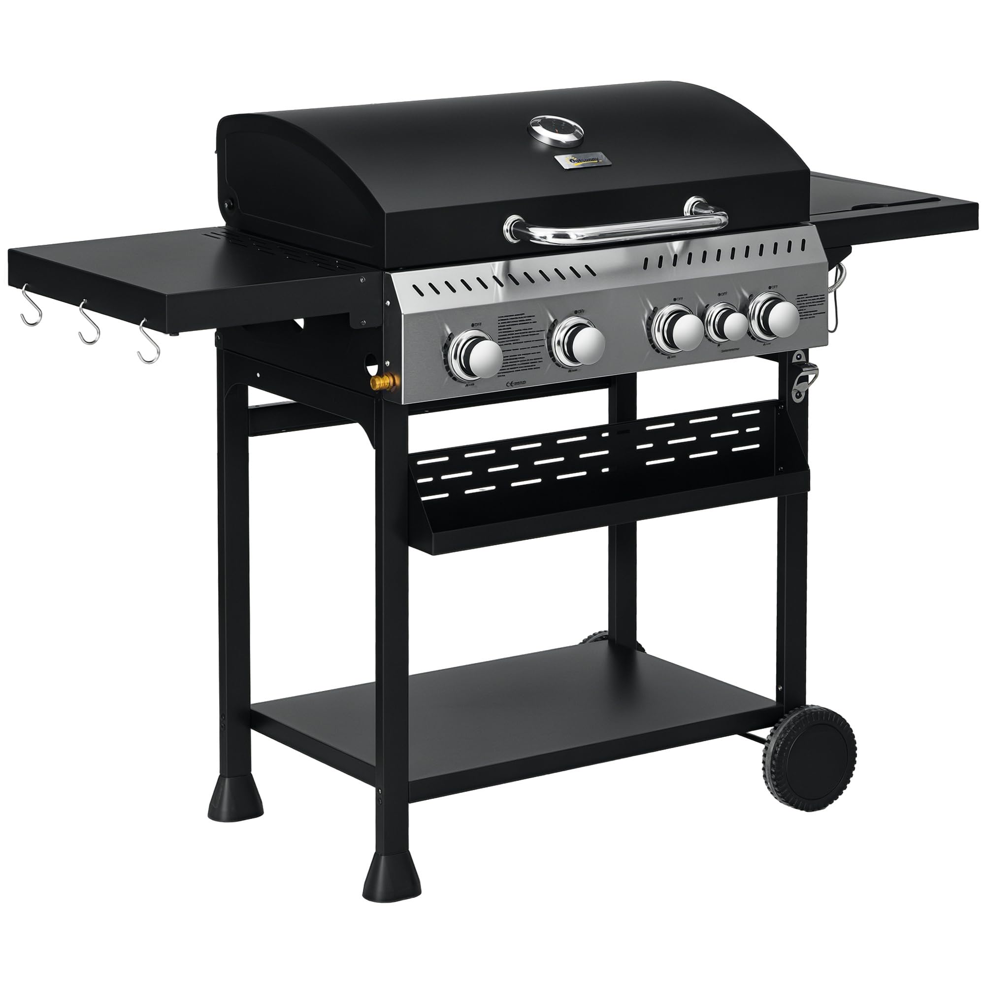 Outsunny Barbecue à gaz 4+1, barbecue au gaz propane 12,5 kW chariot de BBQ avec roulettes, grille chauffante, étagères, thermomètre, décapsuleur, noir