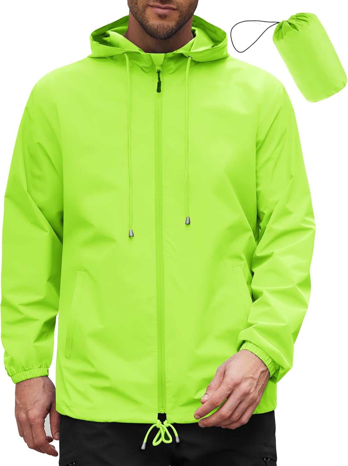 Packable Waterproof Men’s Rain Jacket with Hood for Outdoor Activities