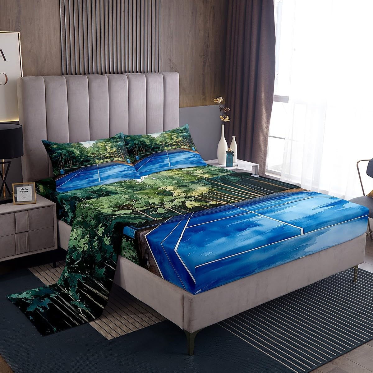 Tennis Court Bed Sheet Set King,Watercolor Oil Painting Tennis Table Soft Microfiber Sheet Set,Outdoor Sport Botanical Trees Fitted Sheet + Flat Sheet + 2 Pillow Cases