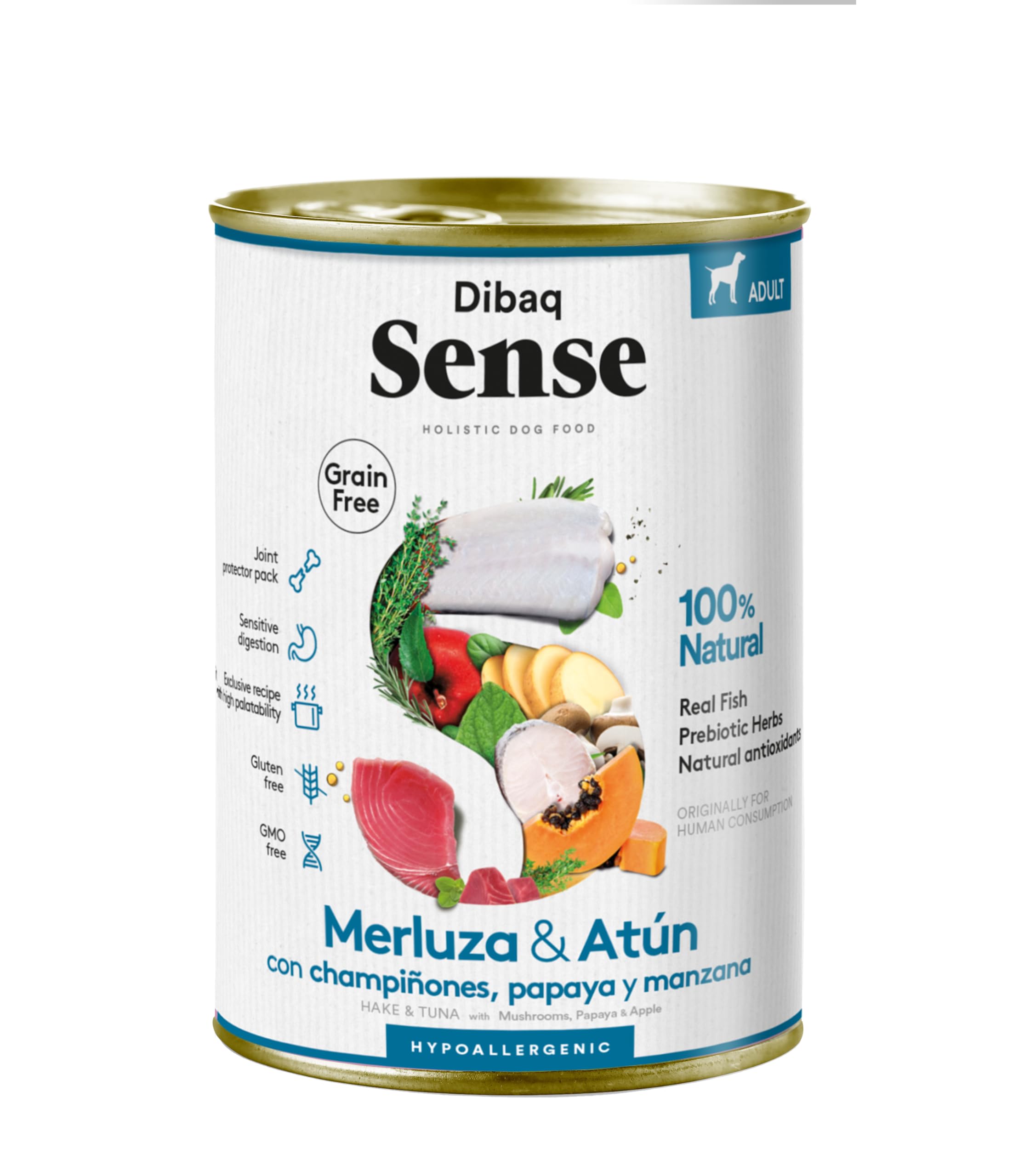 Dibaq Sense Grain Free: alimento húmedo de merluza y atún para Perros, 100% Natural y sin Cereales. 380g, Pack de 12