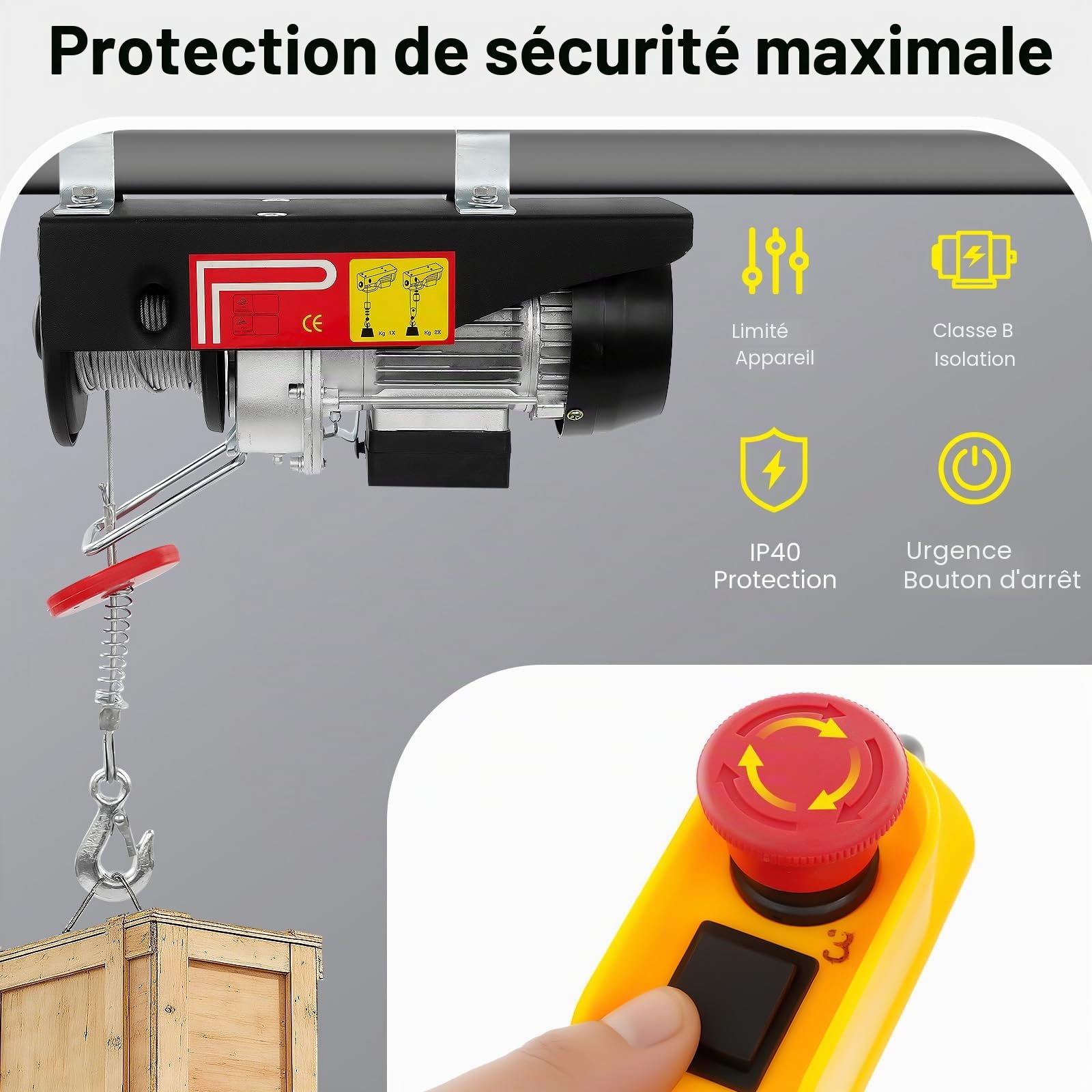 Treuil électrique 220 V avec deux boucles, palan de levage avec télécommande sans fil, hauteur de levage de 125 kg à 250 kg, hauteur de levage 18 m, vitesse de levage 9 m/min, palan à chaîne
