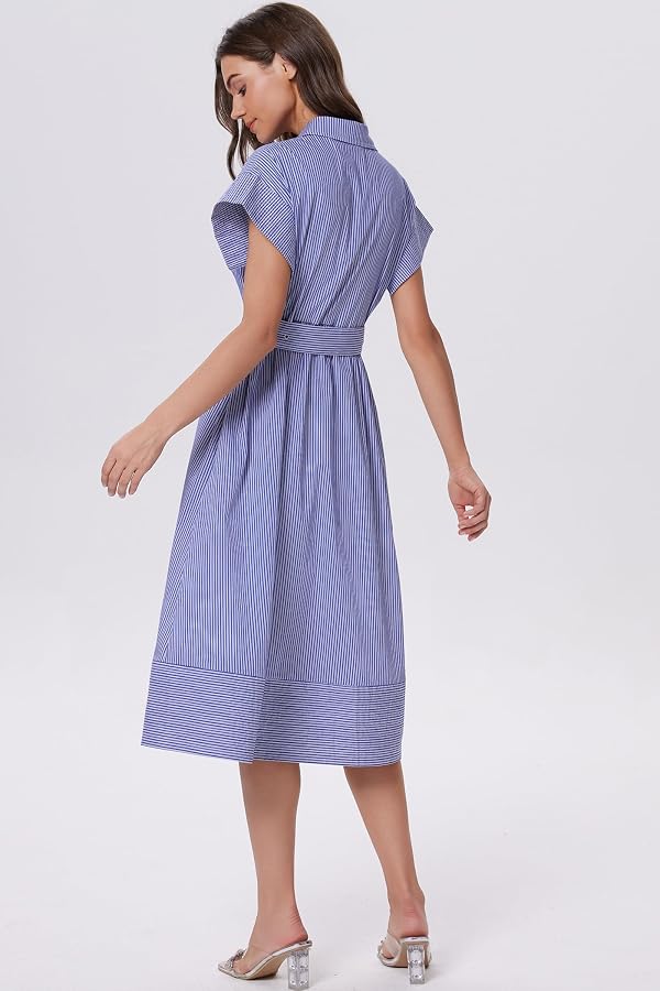 Ladyful Women Button Down Shirt Dress Casual Striped Short Wing Sleeve Business Midi Shirt Belt Elegant Dress with Pocket by Ladyful - Used condition - Image 3