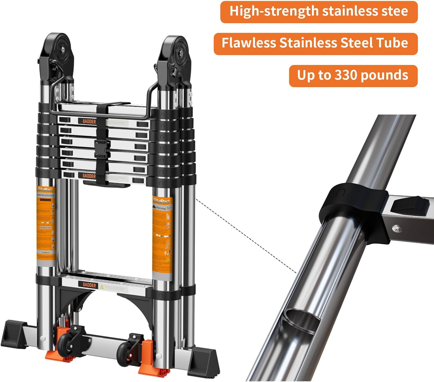 Telescoping Ladder A Frame,Telescopic Ladder for Home, Roof, RV，12.5 Ft Stainless Steel Extension Ladder with Balance Bar,Wheels and 2 Triangle Stabilizers，330 lb Capacity (12.5FT-A Frame)