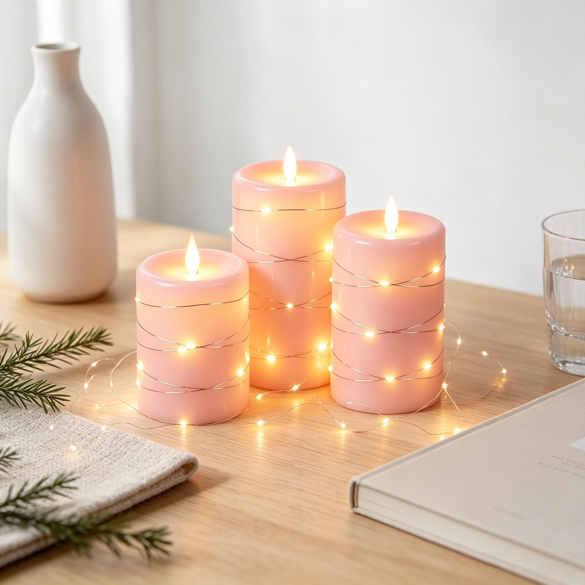 Da by 3 Candele LED Rosa in Cera Naturale, Luci Fatate Avvolgenti, Fiamma Tremolante Ultra Realistica, 1 Telecomando, Misure Assortite, Riutilizzabili per Decorazioni Interno ed Esterno