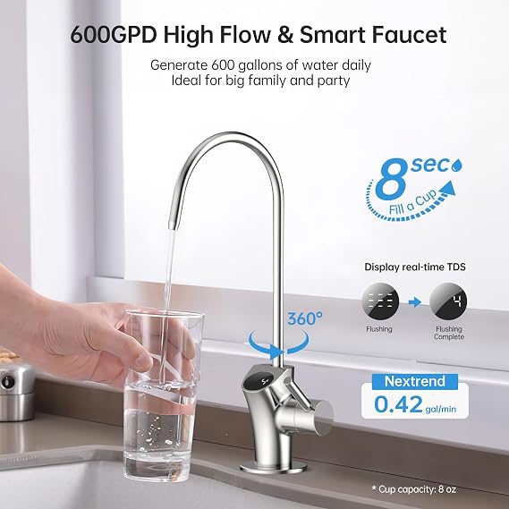 NexTrend Tankless Reverse Osmosis System: 600 GPD RO Water Filter Under Sink with Smart Faucet for Kitchen Sink 7-Stage Undersink Drinking Filtration Purifier for Whole Home Fluoride 2:1 NSF 58/372