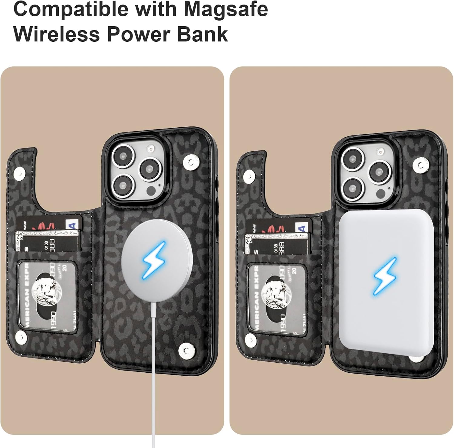 HAOPINSH for iPhone 16 Pro Case Wallet Compatible with MagSafe Wireless Charging, Black Leopard Cheetah Pattern Back Flip Folio Leather Kickstand Card Slots Case Double Magnetic Clasp Cover 6.3"