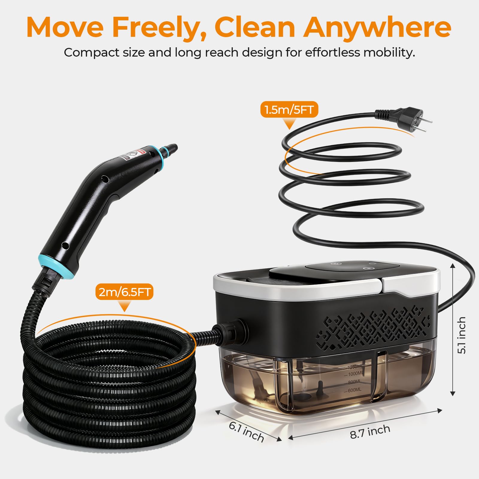 BEAMNOVA Limpiador de vapor de mano, vaporizador de coche para detalles de automóviles, máquina de limpieza de vapor multiusos de alta presión, 42 onzas, para interior de automóvil, cocina, baño