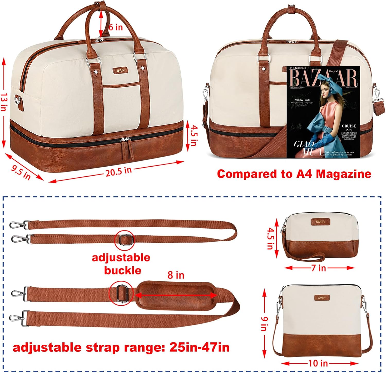 Weekender Bag for Women, Large Overnight Bag Canvas Travel Duffel Bag Carry On Tote with Shoe Compartment 21" 3Pcs Set - Image 4