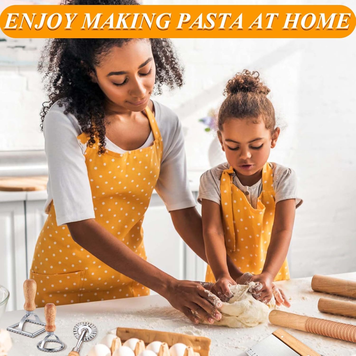 Pasta Making Tools, 9 Piece Wood Pasta Making Kit with 3 Rolling Pins, 1 Pasta Drying Rack, 1 Gnocchi Board, 1 Dough Cutter, 1 Ravioli Cutter, 2 Pasta Stamps, Ravioli Pasta Cutter Set for Pasta Maker