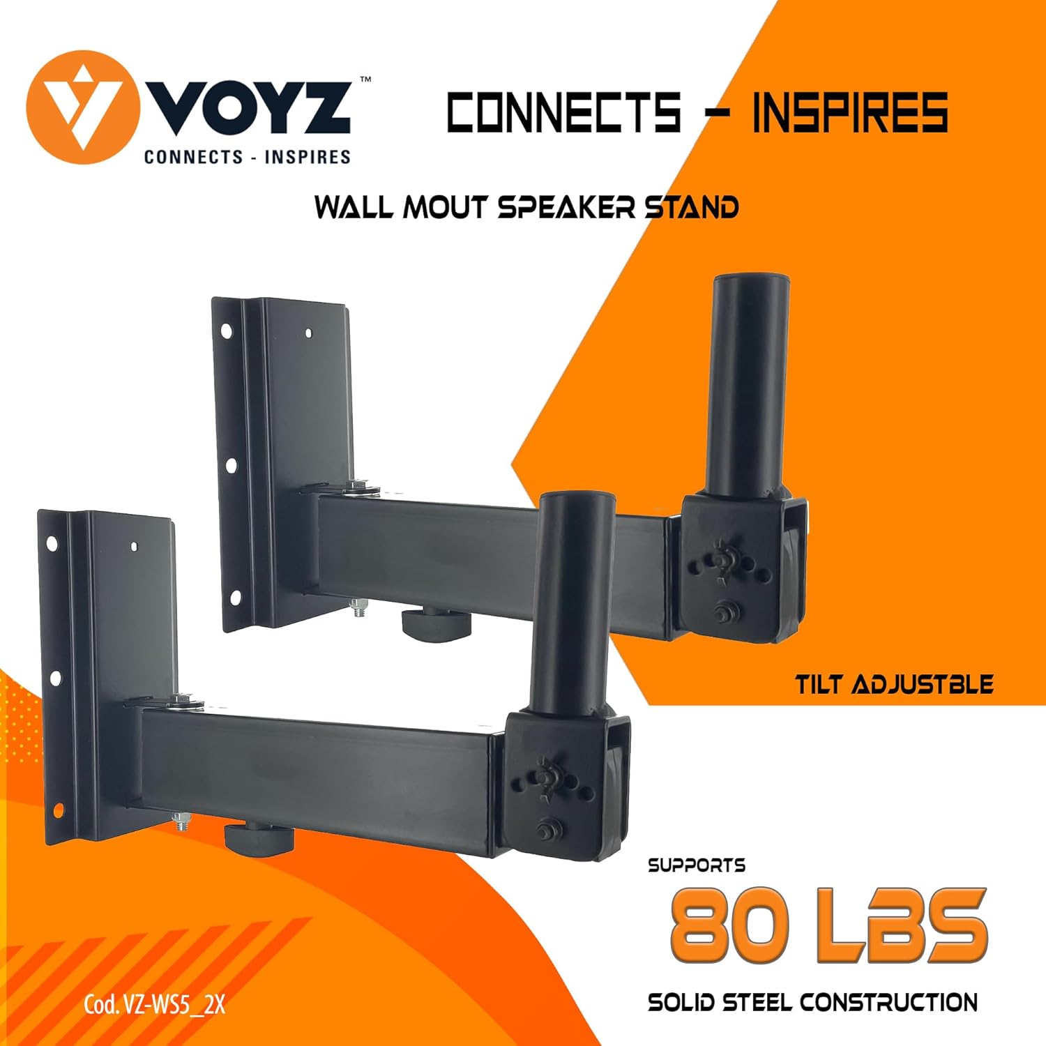 VOYZ Extendable Wall Mount Speaker Stand 90°-30° Angle Tilt, Rotation Adjustment & Solid-Steel Pin Serves as Safety-Stop Mount Speaker Bracket Stands-Dual Universal Adjustable - Solid Steel (2)