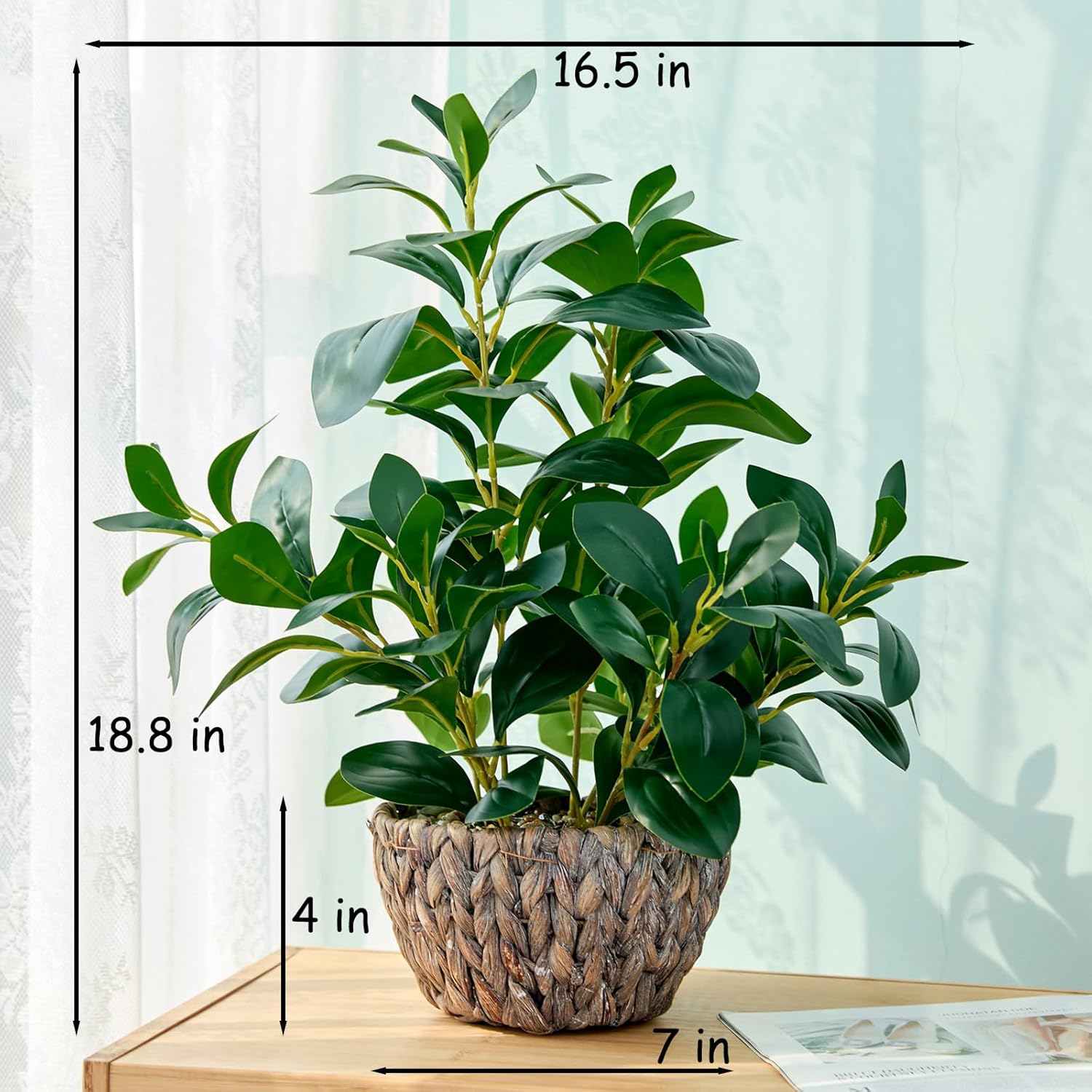 AlphaAcc 18.8 Inch Artificial Ficus Plant Indoor Faux Greenery Potted in Rattan Woven Basket Planter with Decorative Pebbles Realistic Fake Plant for Home Living Room Office Table Desk Shelf Decor